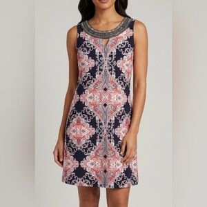 Roz & Ali Shift Dress with Embellished Neckline, Size 8